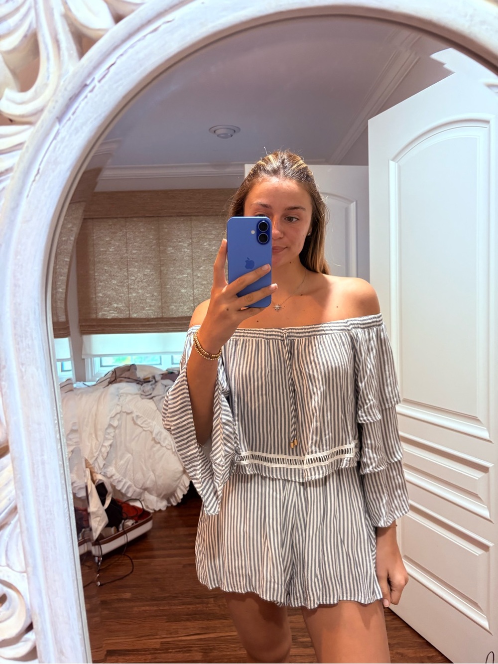 Striped Off-Shoulder Romper in White and Navy